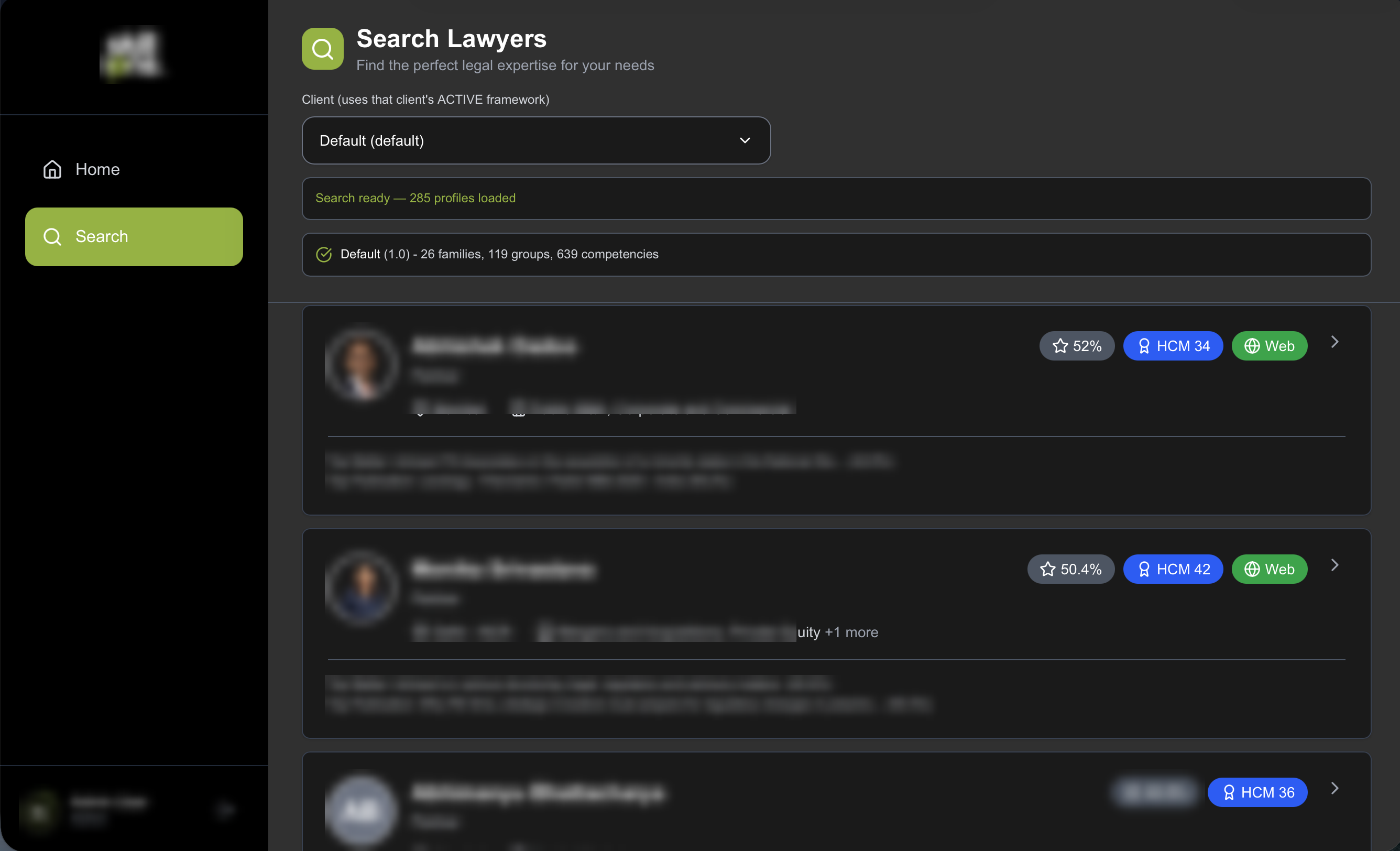Search results with experience, matter history and published work scored separately